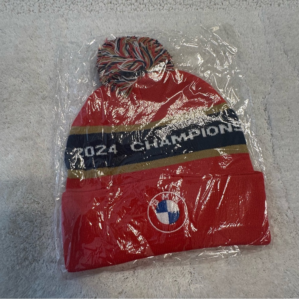 Panthers Hockey NHL 2024 Stanley Cup Champions Beanie Pom Pom Hat Red